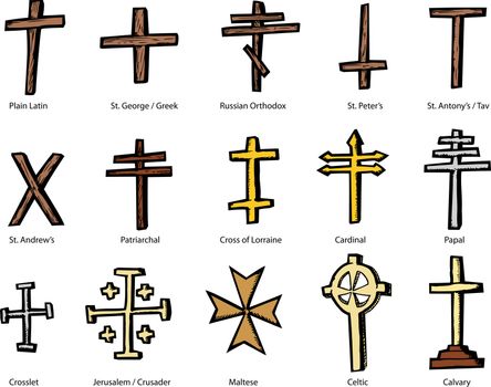 Set of historically accurate crosses representing various Christian churches
