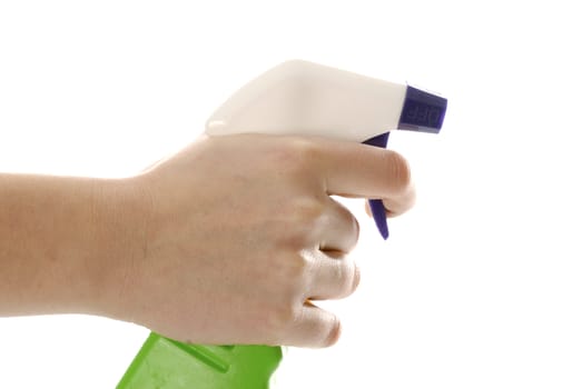 hand holding trigger of spray bottle isolated on white background