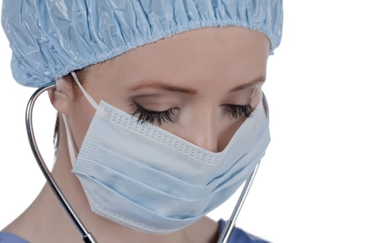 Closed up image of a female doctor wearing mask and surgical cap