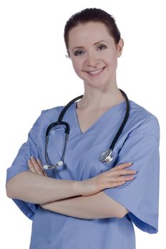 Close-up image of a beautiful female doctor smiling against the white surface