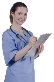Smiling female doctor holding a pen and patient's record