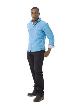 Full length portrait of black young guy against white background 