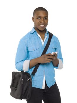 Smiling african american man holding a cellphone