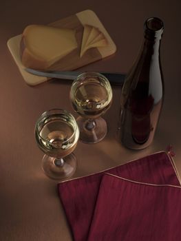 Close-up image of a wine with glasses of wine and slices of cheese