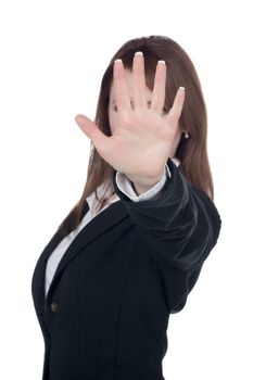 Caucasian businesswoman putting her hand on front to say stop