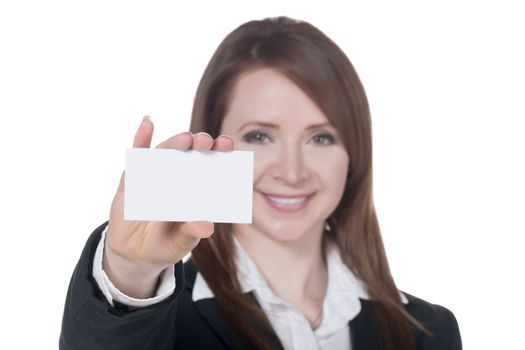 Close-up image of a smiling businesswoman holding empty white card 