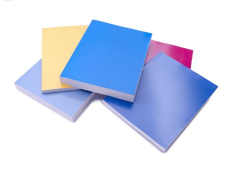 A pile of school books on a white background