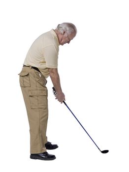 Portrait of old male golfer against white background 