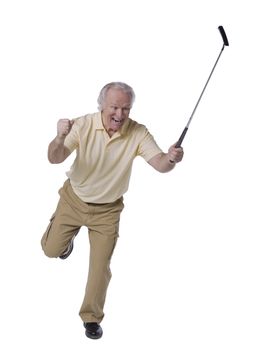 Portrait of happy old golfer isolated on white background