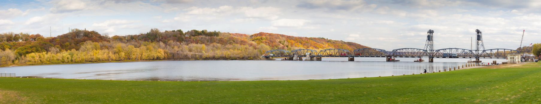 Panorama of Stillwater Lift Bridge over the St. Croix River Separating Minnesota and Wisconsin