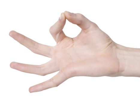 Close-up image of a human hand with three fingers against the white surface