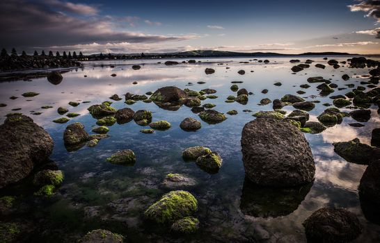 Moss covered rocks at sunrise. The water is still allowing both reflections of the sky and being able to see through to the bottom of the ocean.