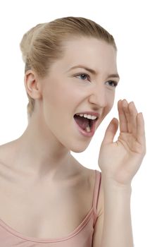 Image of woman in shouting gesture against white background