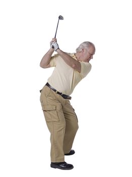 Close-up image of a senior playing golf isolated on a white surface