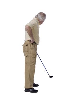 Side view image of an old man playing golf on a white surface