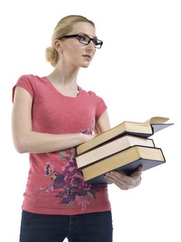 Smart woman with eye glasses holding pile of books