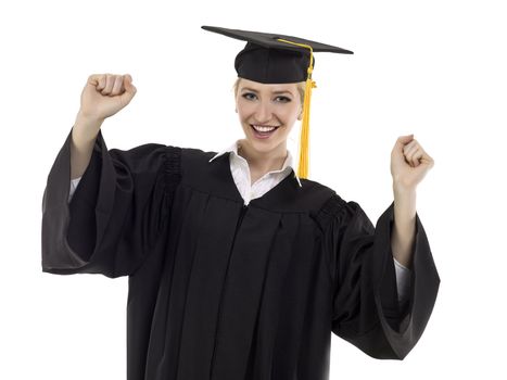 Portrait of happy graduated female student against white background