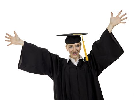 Portrait of happy female graduated student against white background 