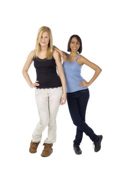 Full length image of two girls standing over a white background 