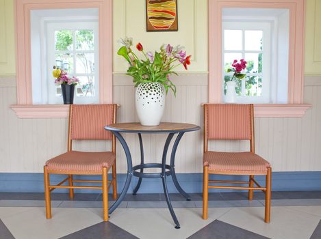 Classic interior with two chair and white window