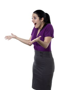 Caucasian woman gesturing her hands in great surprised