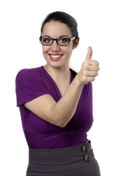 Caucasian woman showing a thumbs up over a white background