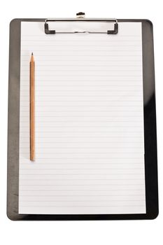 Pencil on the left of note pad on a white background