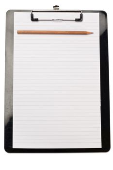 Pencil on the top of note pad on a white background