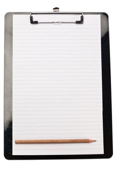 Pencil at the bottom of note pad on a white background