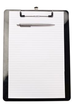 Pen on the top of note pad on a white background