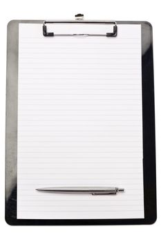Pen at the bottom of note pad on a white background