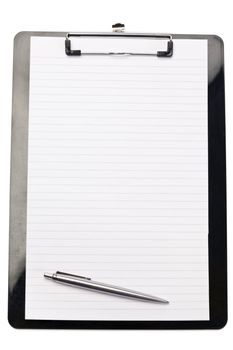 Angled pen at the bottom of note pad on a white background