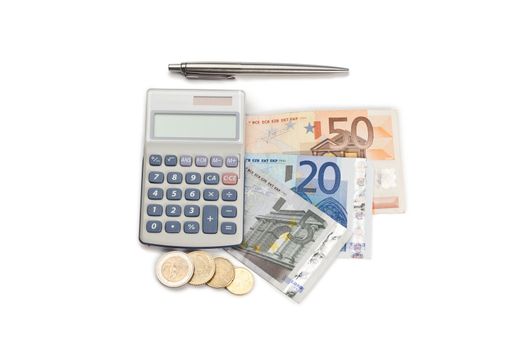 Coins and cash with pen and pocket calculator on a white background
