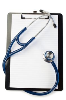 Note pad and stethoscope on a white background