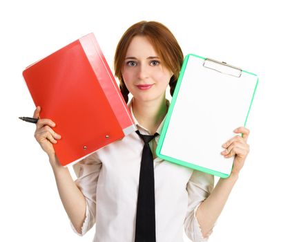 Business girl with a folder and a worksheet, isolated on white background