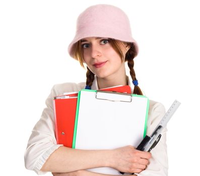 Cute student girl on white background