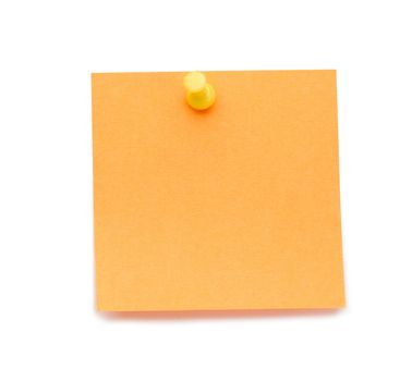 Orange post-it with drawing pin on a white background