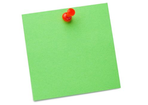 Green post-it with drawing pin on a white background