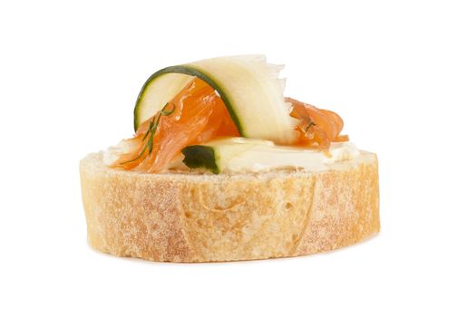 Close up image of bread with smoked salmon against white background 