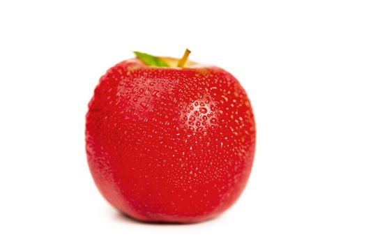 Red wet apple and its leaf on a white background