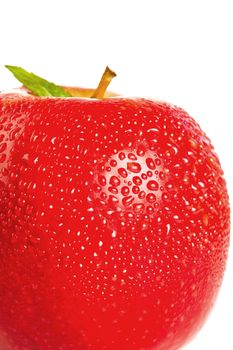 Three quarters of a red wet apple on a white background