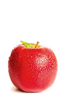 Red wet apple ans its leaf on a white background