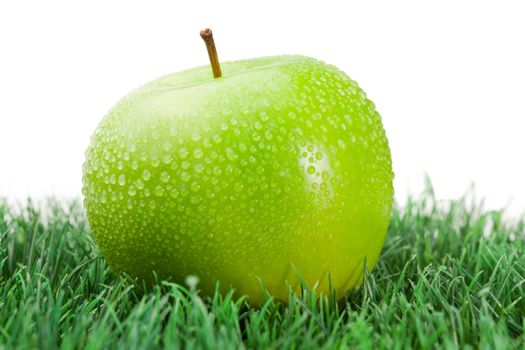 Green wet apple on grass on a white background