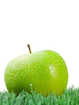 Green wet apple on grass on a white background