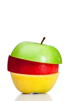 Combination of green, yellow and red apples on a white background