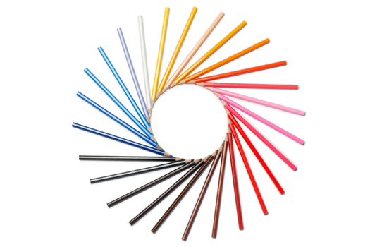 Color pencils in circle on a white background