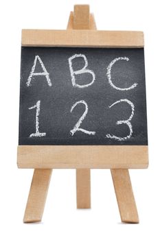 Chalkboard with the letters ABC and the figures 123 written on it isolated against a white background