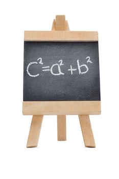 Chalkboard with a mathematical formula written on it isolated against a white background