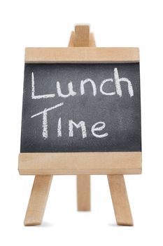 Chalkboard with the words lunch time written on it isolated against a white background