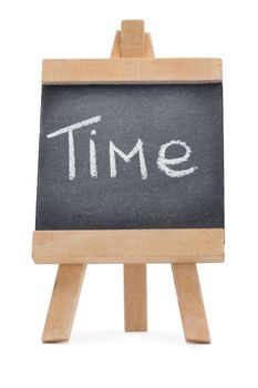 Chalkboard with the word time written on it isolated against a white background